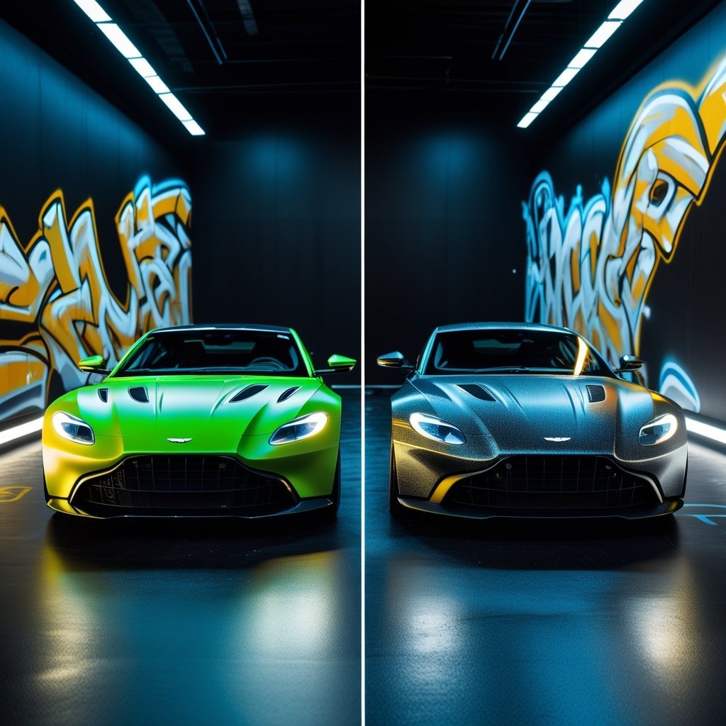 Success vs. Failure Case Study Pair – Side-by-side images: one of a rare factory color (like Aston Martin’s Scintilla Silver with Lime Green accents