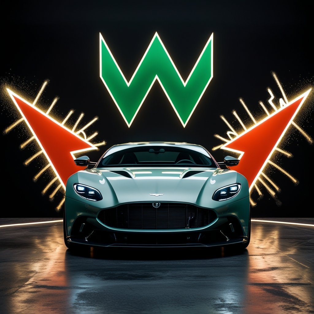 Aston martin with arrows behind it 
