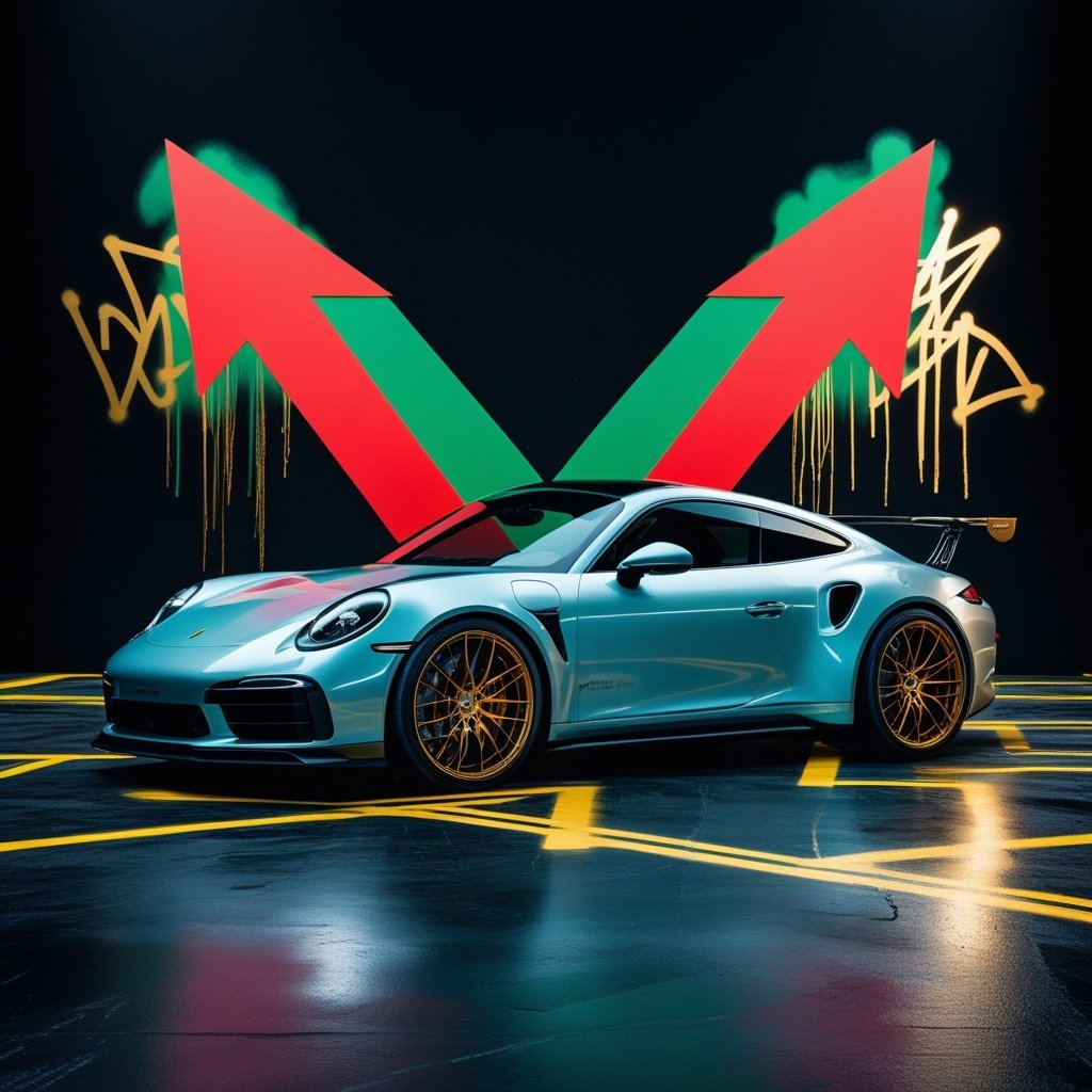 A porsche with red arrows behind it