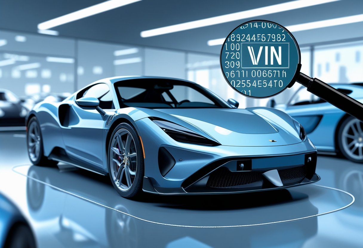 A limited edition sports car in a showroom with a magnifying glass highlighting its VIN plate, symbolizing the importance of vehicle identification numbers.