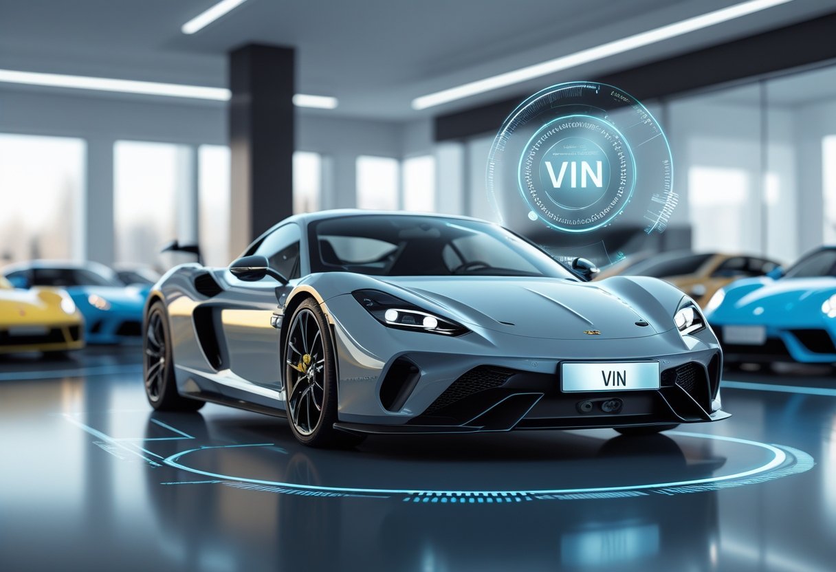 A limited edition sports car in a showroom with a close-up of its VIN plate on the dashboard.