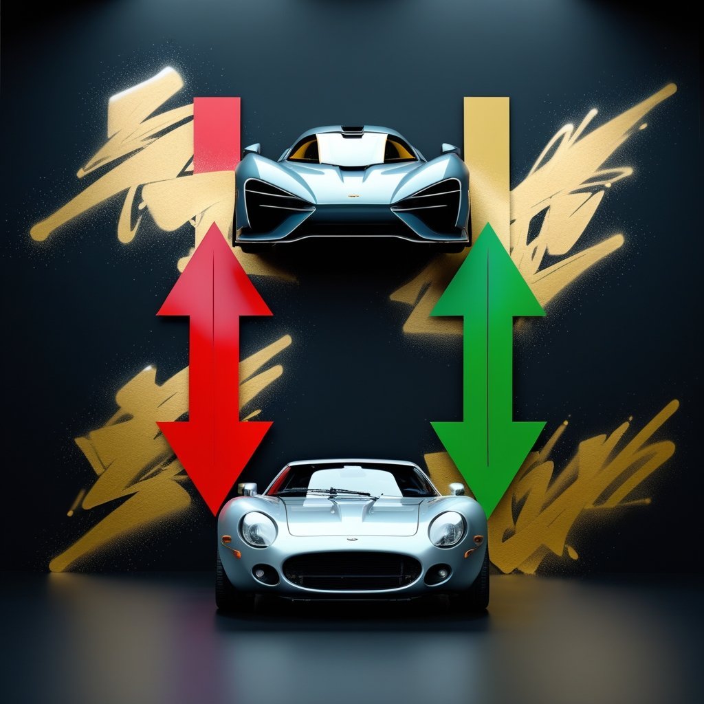 Classic vs Modern Cars: Best Value Growth for Investors one modren hypercar with a red arrow going down and a classic car with a green arrow going up