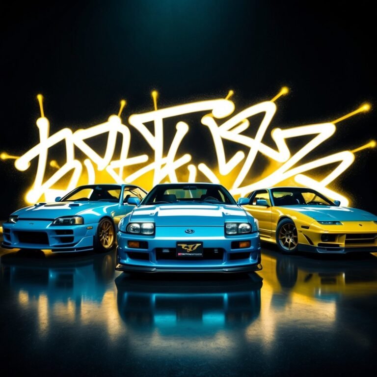 make a collection of the 1990 Toyota Supra MK4, 1990 Nissan Skyline GT-R R32 and 1990 Honda NSX . surrounded by glowing graffiti strokes in gold and white spray paint, bold black background with dramatic lighting, cinematic energy.