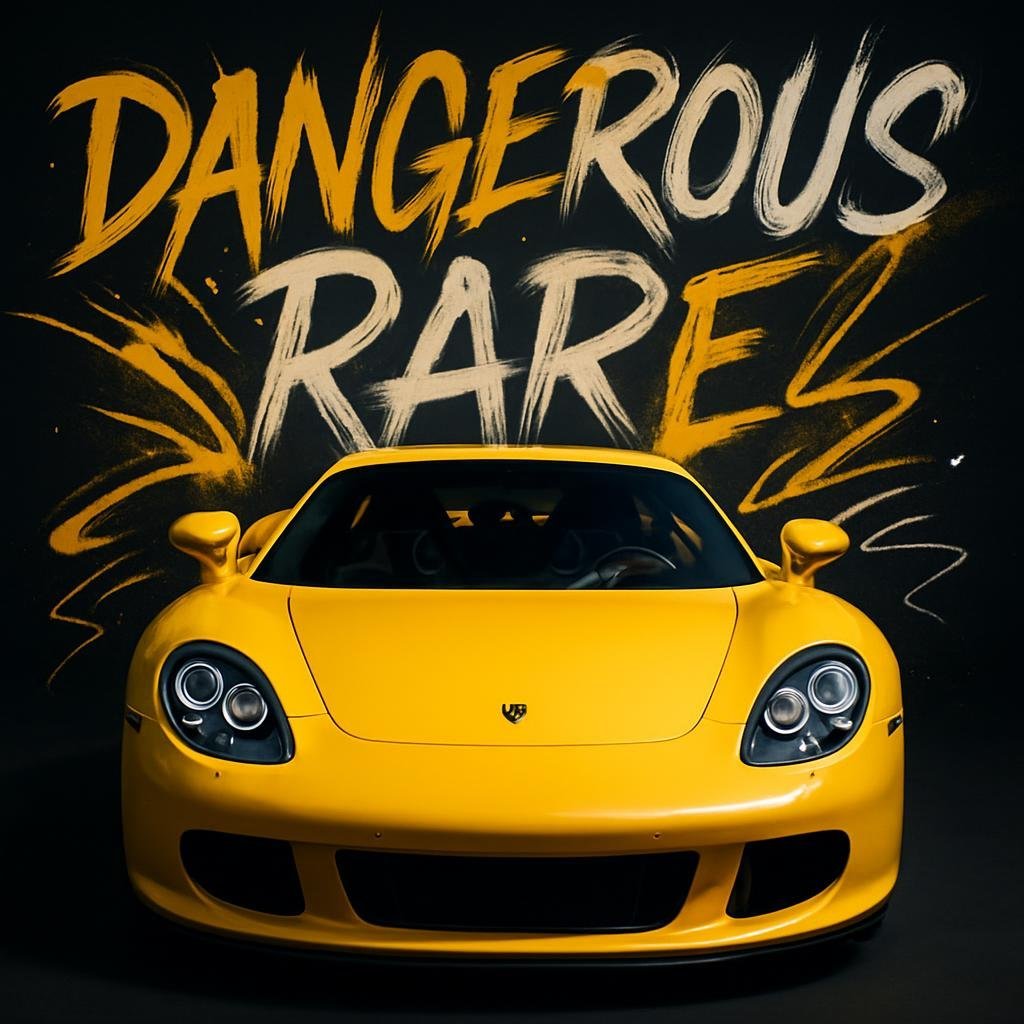 Porsche carrera GT centred, surrounded by a glowing, bold black background with dramatic lighting, cinematic energy, Need for with words behind it like legendary and rare