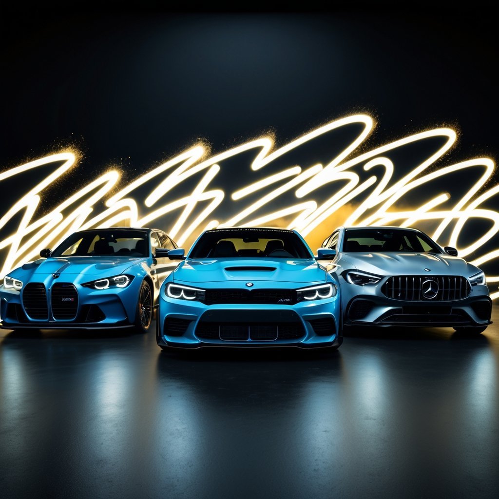 make a collection of the BMW m3 , Dodge charger 2023 and Mercedes-AMG E632023 . surrounded by glowing graffiti strokes in gold and white spray paint, bold black background with dramatic lighting, cinematic energy