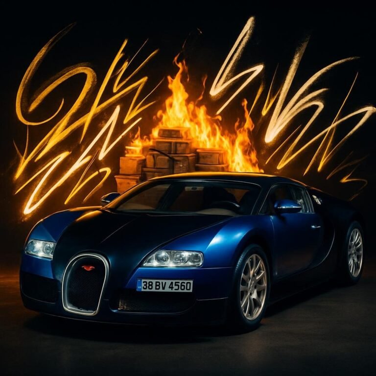 Bugatti Veyron centred with money burning behind it, surrounded by glowing graffiti strokes in gold and white spray paint, bold black background with dramatic lighting, cinematic energy