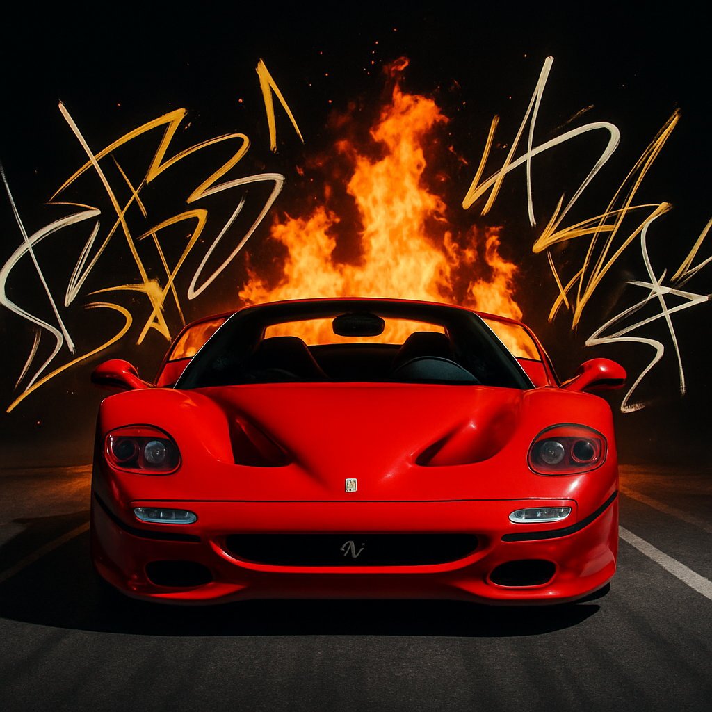 Ferrari F50 wth fire behind it