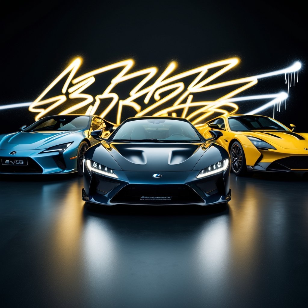 3 Fastest Naturally Aspirated Limited Edition Cars. surrounded include Lexus LFA, McLaren F1 and Aston Martin V12 Vantage S by glowing graffiti strokes in gold and white spray paint,