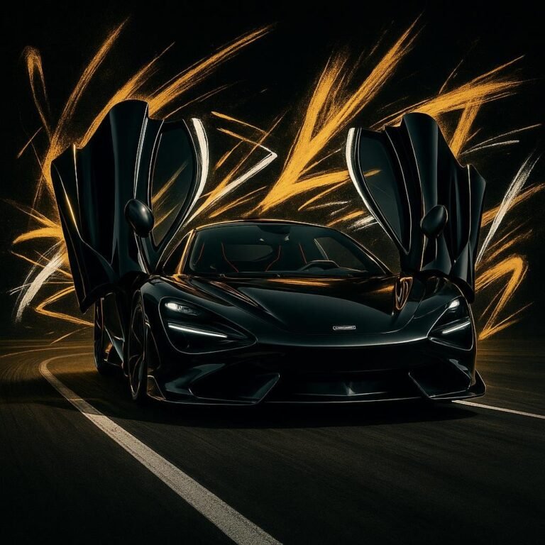McLaren 765LT centred on the track, surrounded by glowing graffiti strokes in gold and white spray paint,