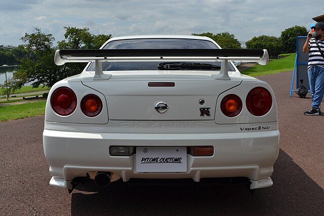 White Nissan Skyline GT-R V-Spec II Nür back