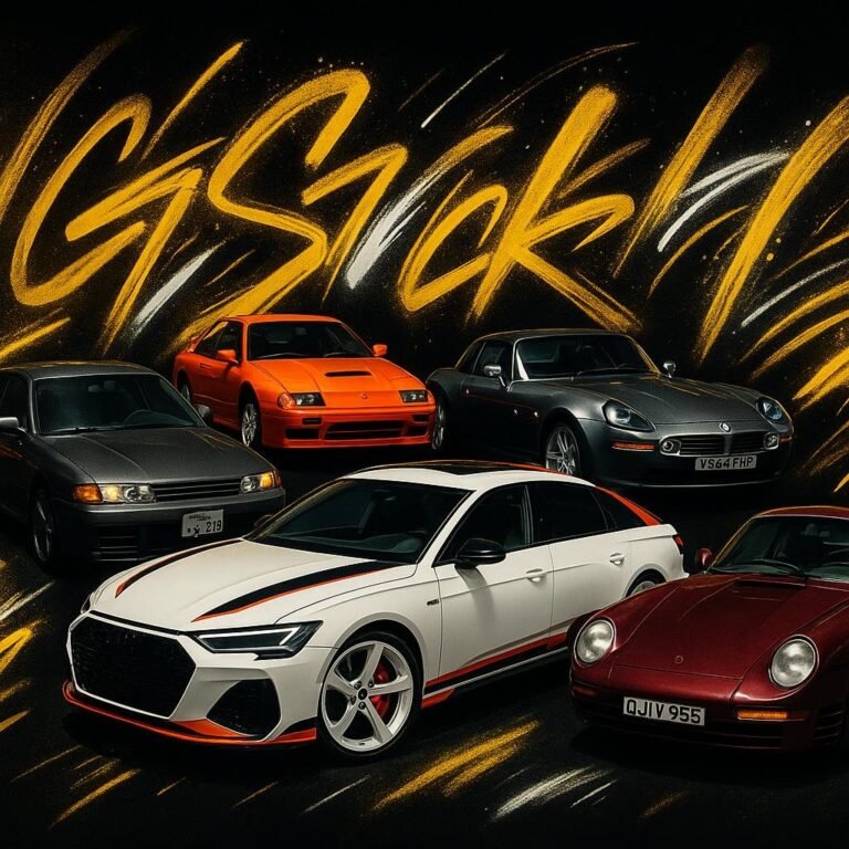 5 Modern Collector Car Favourites That Started as Market Failures surrounded by glowing graffiti strokes in gold and white spray paint, bold black background