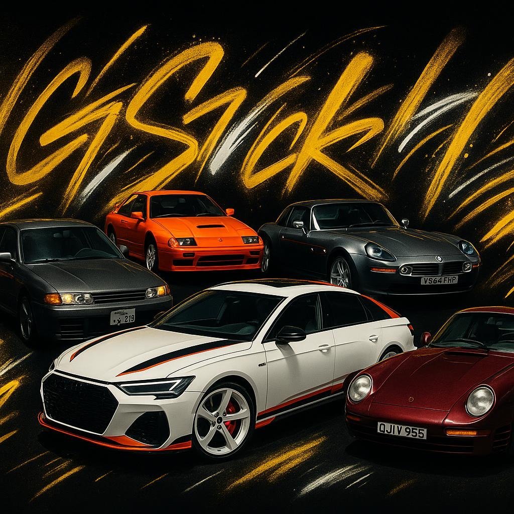 5 Modern Collector Car Favourites That Started as Market Failures surrounded by glowing graffiti strokes in gold and white spray paint, bold black background