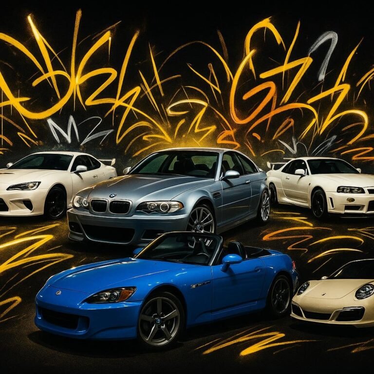 5 cars srrounded by graffiti