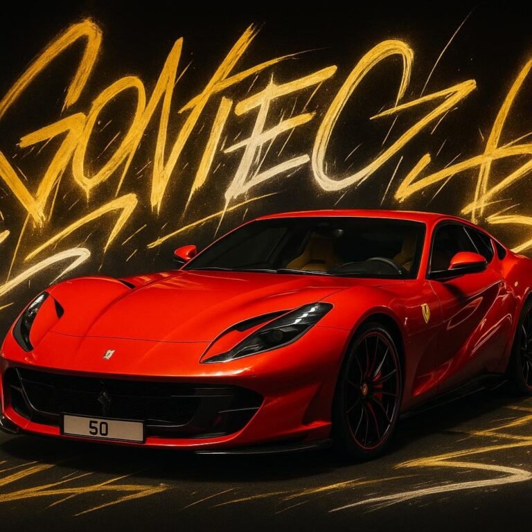 Ferrari 812 Novitec car surrounded by glowing graffiti strokes in gold and white spray paint, bold black background with dramatic lighting