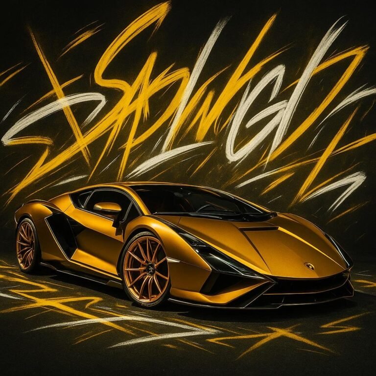 Lamborghini Sián car surrounded by glowing graffiti strokes in gold and white spray paint