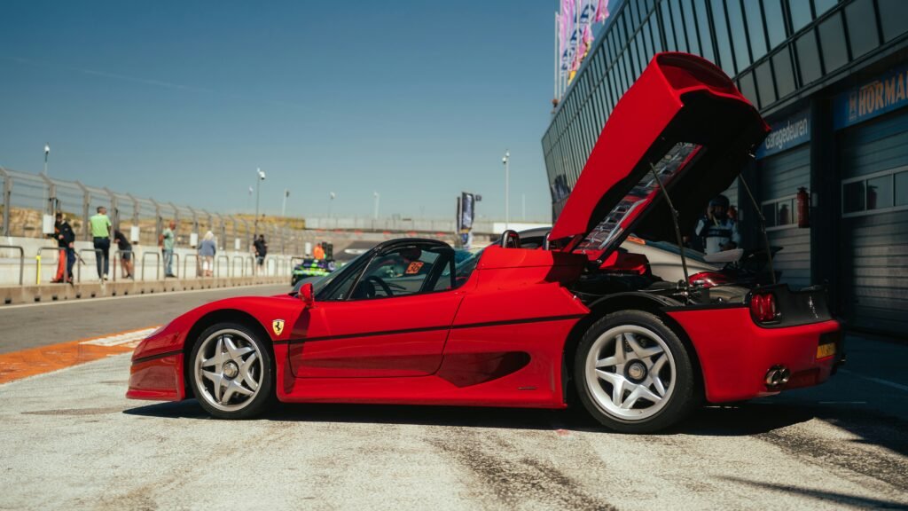Red Ferrari F50 with open engine bay