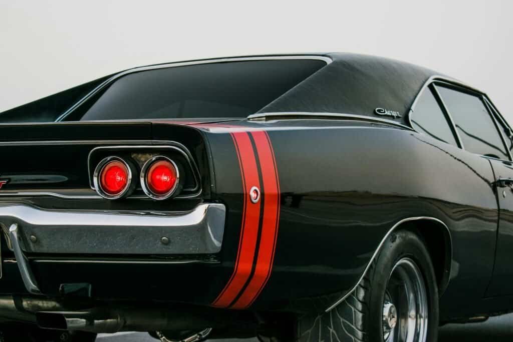 Black 1969 Dodge Charger rear view